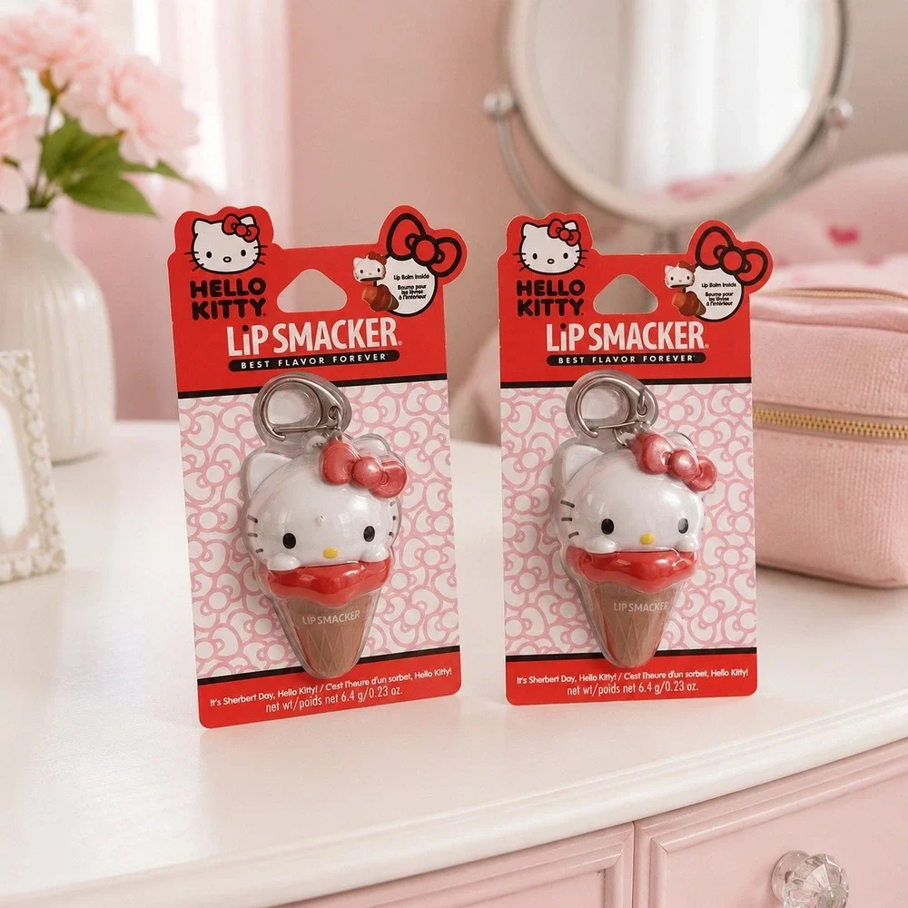 Lot of 2 Hello Kitty Lip Smacker Ice‎ Cream Cone Lip Balm Keychain 0.23oz
